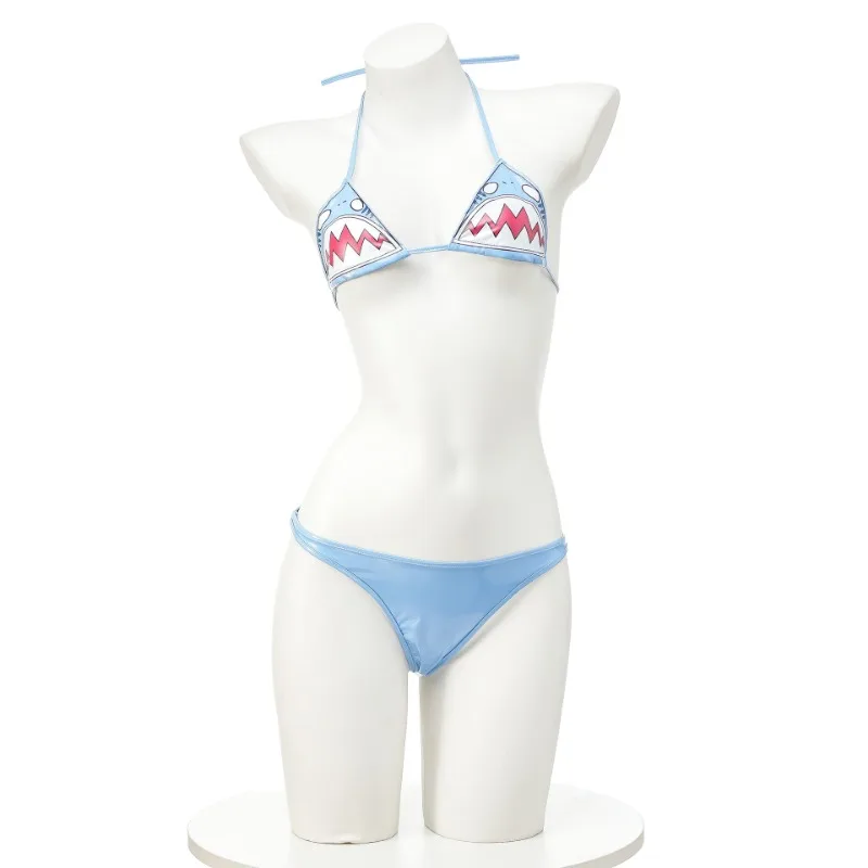 Conjunto de Bikini de charol para mujer, traje de baño Sexy de Anime, ropa interior sin espalda, Cosplay de tiburón y Boca Grande