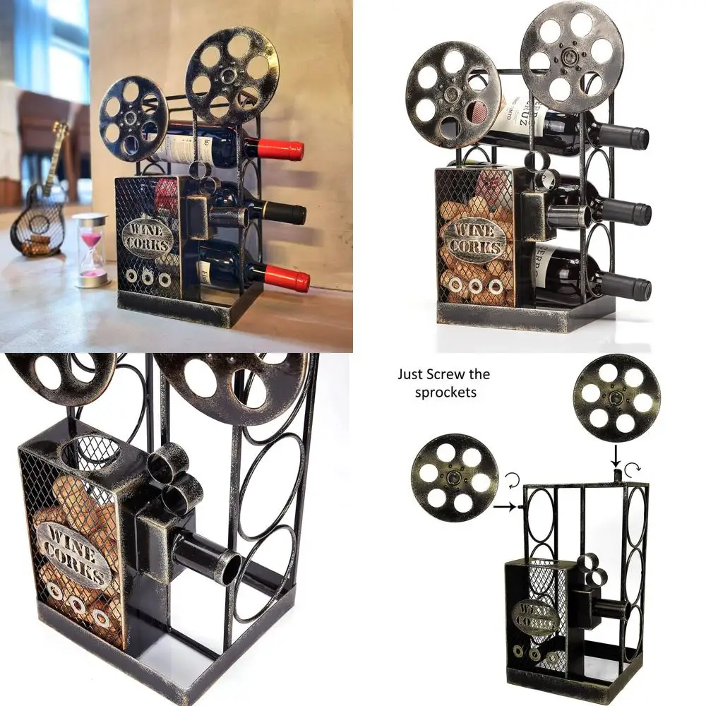 

Vintage-Style Movie Projector Wine Rack: Holds 3 Bottles with Cork Storage for Wine Enthusiasts