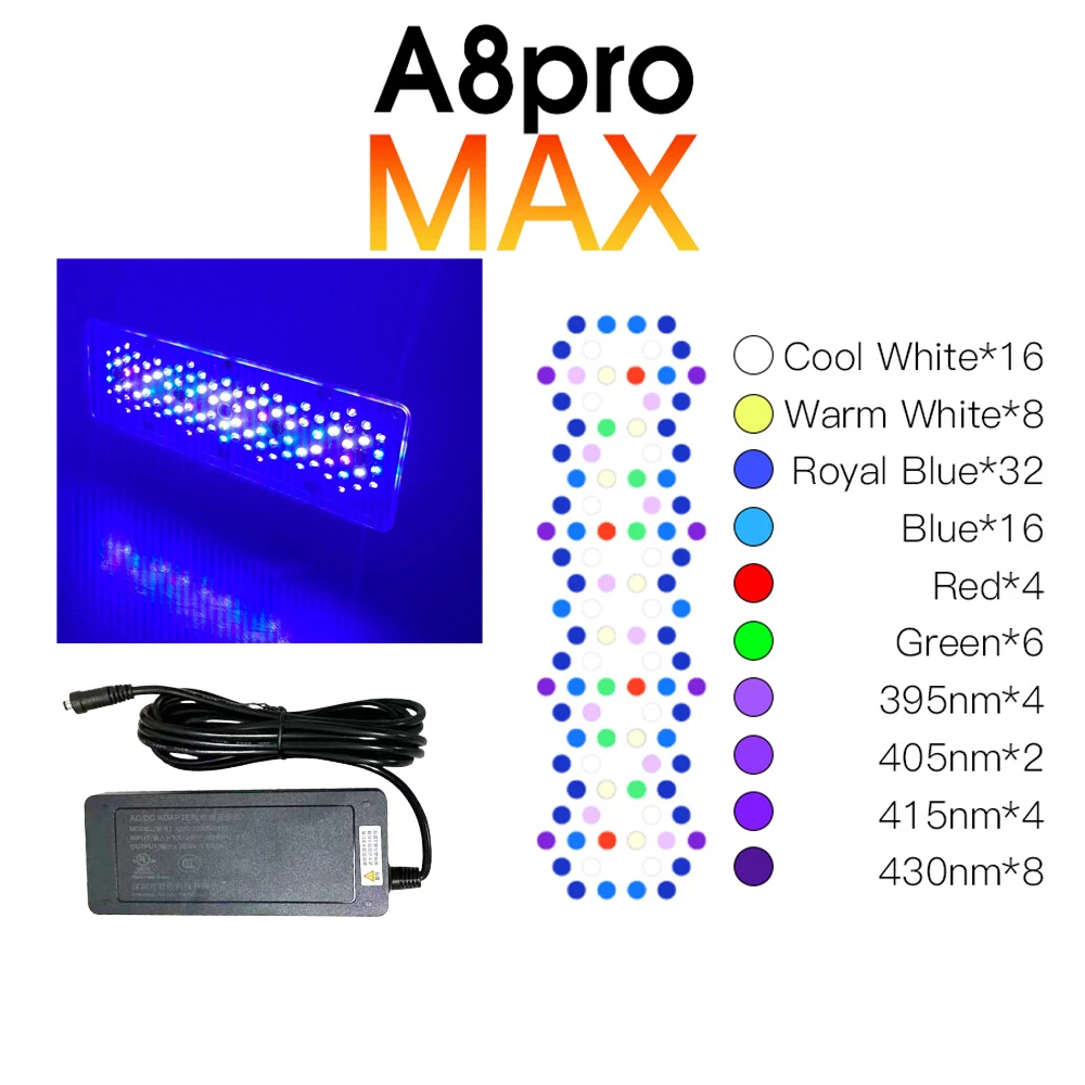 

Программируемый светильник для аквариума A8pro MAX, 240 Вт, 8 каналов, Wi-Fi, управление через приложение, аквариум для морской воды, коралловый риф, светодиодный светильник SPS LPS