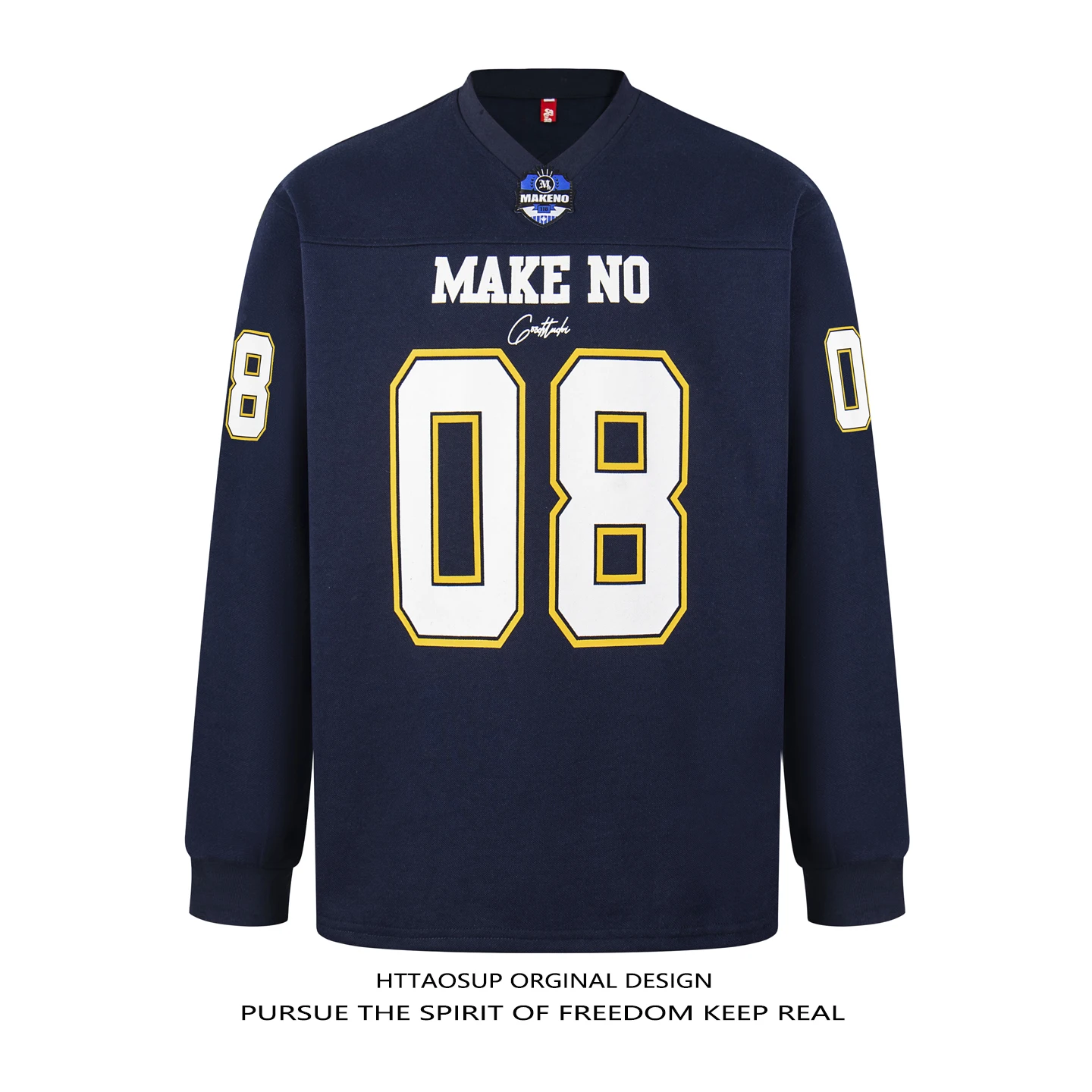 HTTAOSUP American Retro Heavyweight Long Sleeve Number Print Sports Style T-Shirt Men's Loose Top Trendy Casual Cotton Polyester