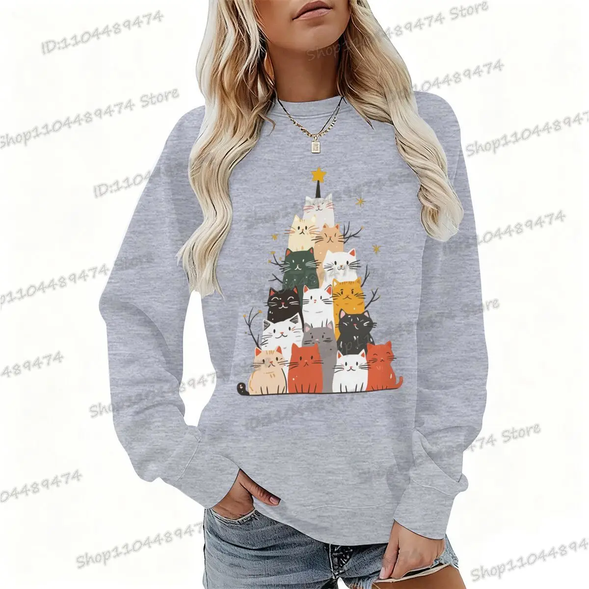 عيد الميلاد شجرة القط نمط الرجال المرأة البلوز أنيمي الحيوان عيد الميلاد البلوز الخريف الشتاء طويلة الأكمام طاقم الرقبة بلوزات