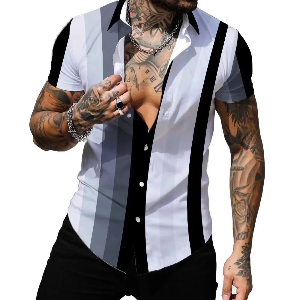 Camisas hawaianas con estampado 3d para hombre y mujer, ropa Sexy a rayas con solapa, Blusa de manga corta para playa