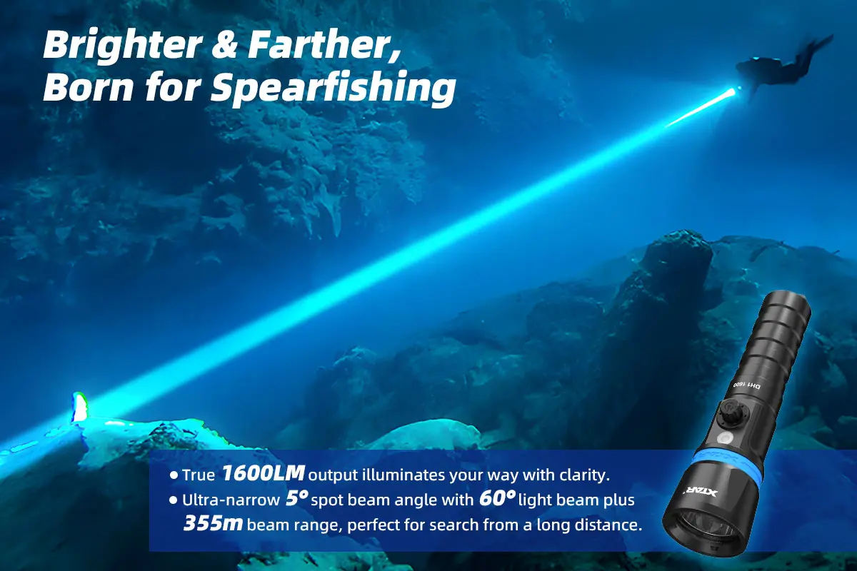 XTAR DH1 1600 Flashlight LED Dive Torch High Lumen Spearfishing Flashlight Single Switch Cave Camping Search Portable Spotlight