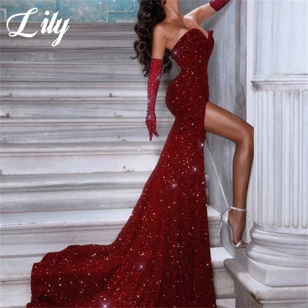 Lily Red Evening Gown Trumpet Sequins Prom Dress Pleat Off The Shoulder Sweetheart Evening Dress with High Split robes de soirée