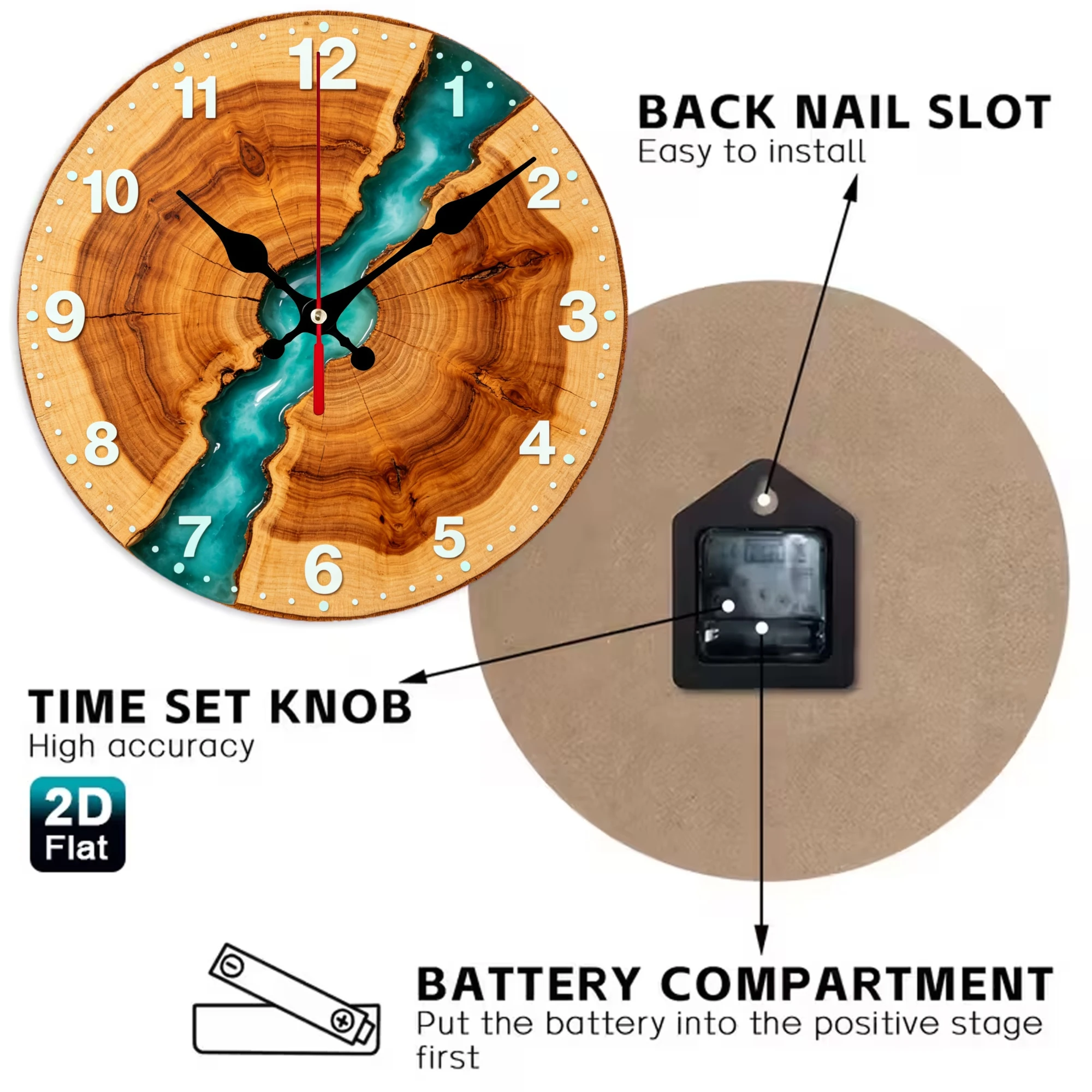 Turquoise Epoxy River Wooden Wall Clock, 10/12 Inch Round Wood Clock, Silent Non Ticking Quartz Movement, Resin Live Edge Wood Slice Printed Home Decor