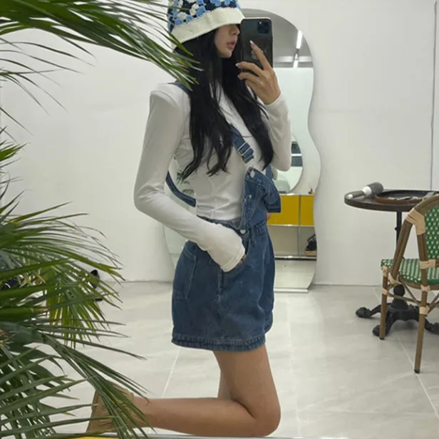 Fashionable Retro Korean Style High Waist Denim Shorts with Single Shoulder Strap Spring Summer New Arrival Ladies Cotton Shorts