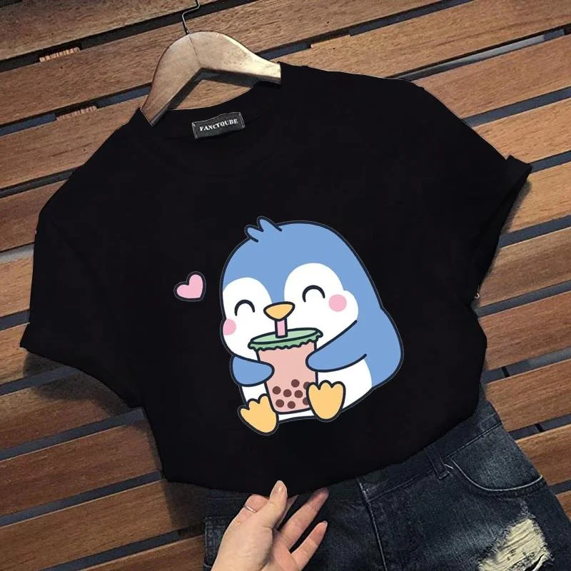 Cute Kawaii Penguin Like Pearl Milk Tea Pattern Printed T-shirt Cute Penguin Women's Casual Comfortable Round Neck Short Sleeve