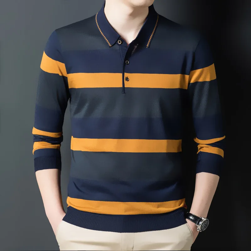 Men Spring Autumn Casual Striped Polo Shirts Vintage Fashion Streetwear Male Clothes New Business Loose Long Sleeve Knitted Tops