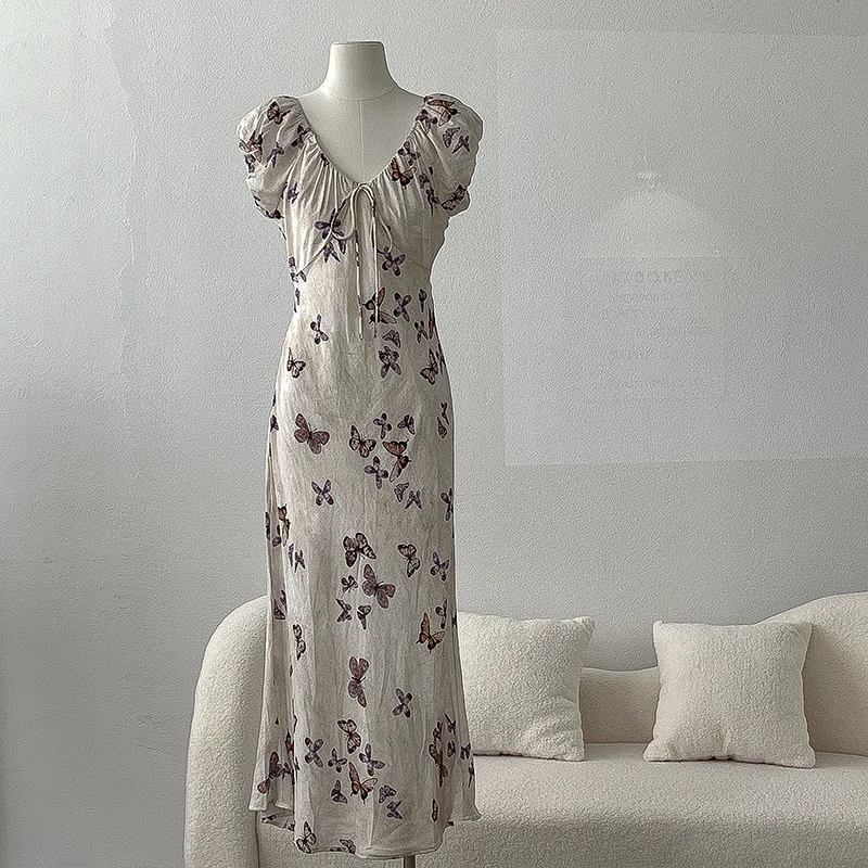 

Elegant Women Long Dress Butterfly Print V-neck Slim Waist Maxi Dresses Female Summer Commute A-Line Vestidos