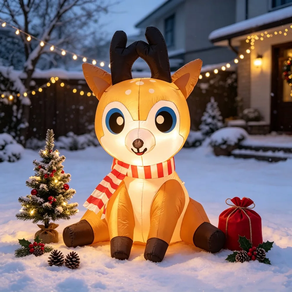 1.5M/5FT Christmas Inflatable Sitting Reindeer Decoration with LED Lights,For Patio Garden Indoor Holiday Xmas Lawn Decor