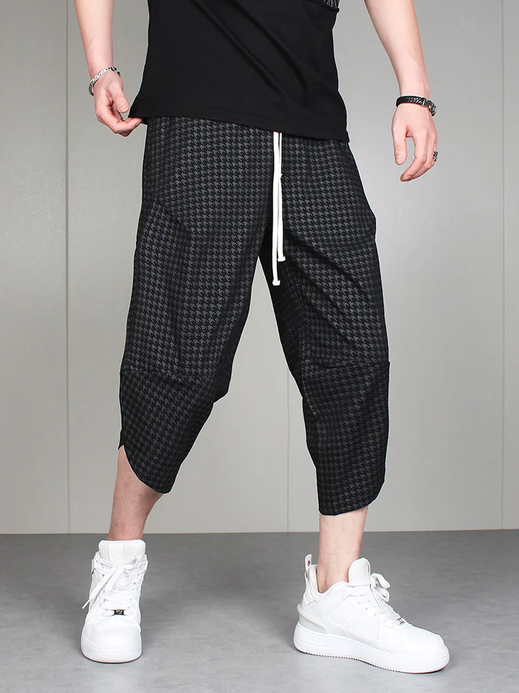 

Summer thin material loose small feet Harlan capri pants men's trend ice silk striped casual flying squirrel pants