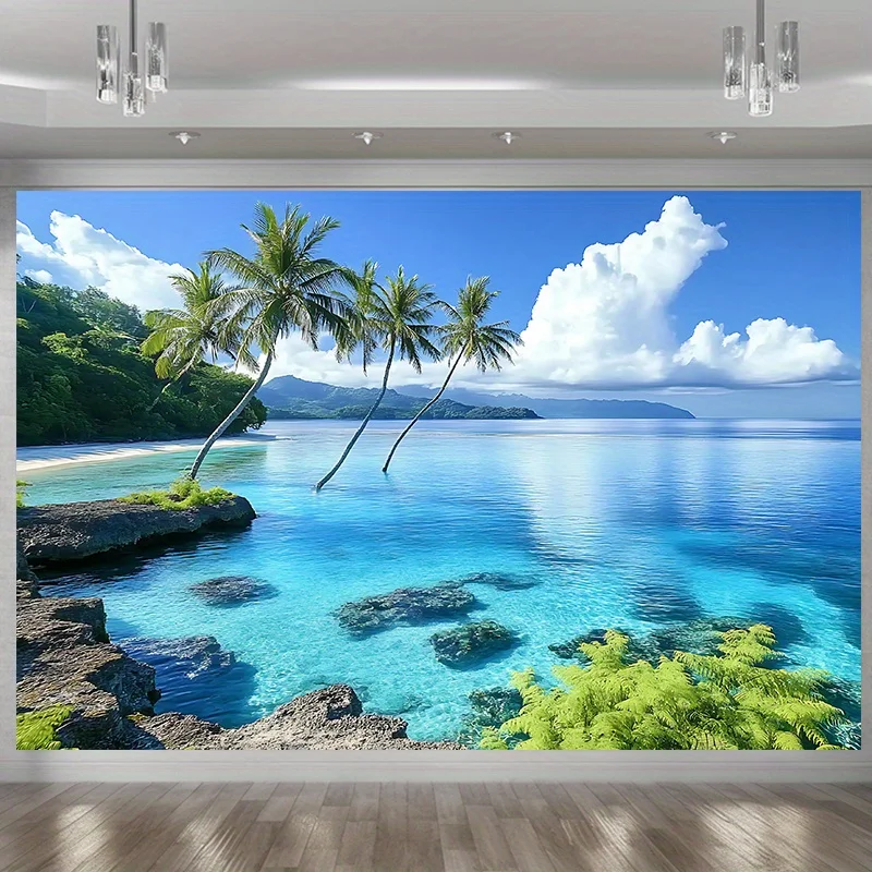 2D Flat, 1pc Vibrant Tropical Paradise Party Banner - Polyester, Colorful Beach Scene with Palm Trees and Turquoise Waters, Perf