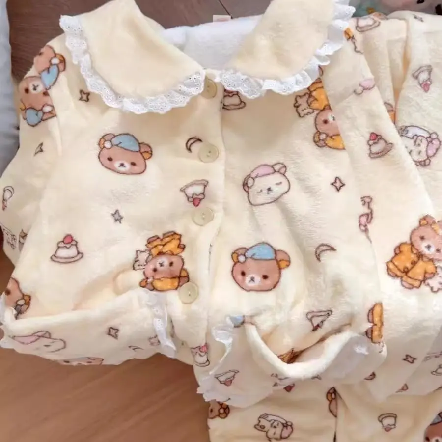 

Kawaii Rilakkuma Pajamas Women's Winter Flannel Thickened Set Student Cartoon Cute Home Clothes Two Piece Set Girl's Gifts Toys