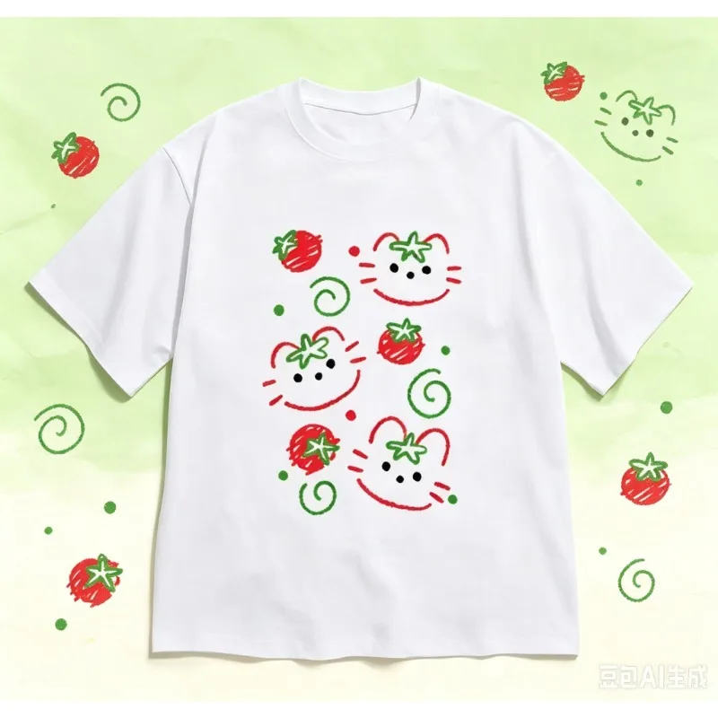 2026 Summer New Fashion T-shirt Aesthetic Cute Cat Tomato Print Short Sleeve for Women Minimalist Kitten Crew Neck Tee Versatile