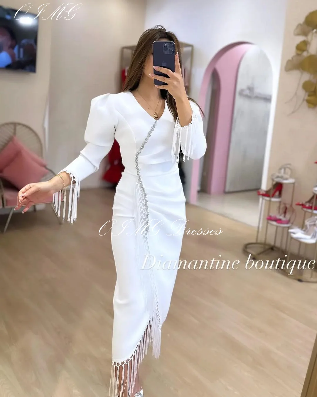 OIMG Saudi Customized Tassels Ivory Prom Dresses Long Sleeves Satin White Mermaid Vintage Simple Gowns Formal Party Dress
