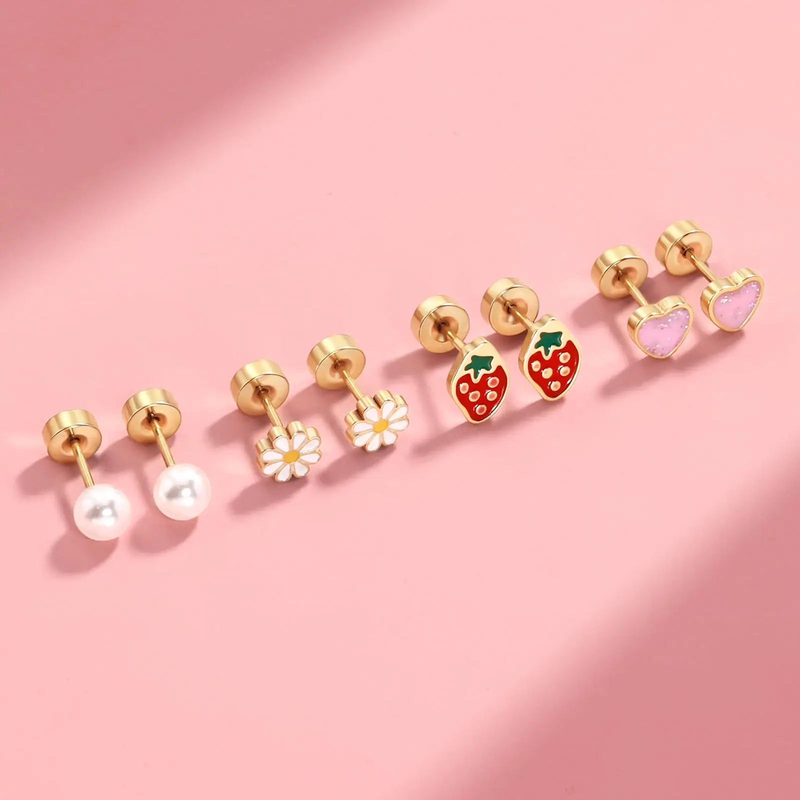 14k Gold Plated Stud Earrings for Women, Cute Small Pearl Flower Pink Heart Strawberry 316L Stainless Steel Stud Earrings Set