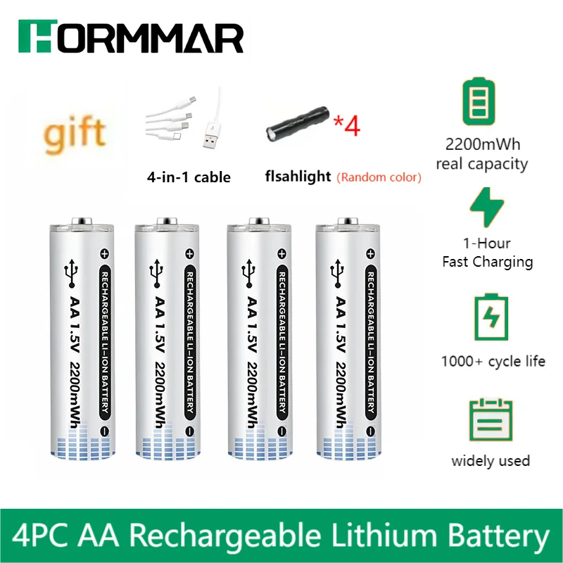 AA Rechargeable Battery 1.5V Constant Voltage 2200mWh capacity USB lithium-ion battery for remote control LED toy keyboards