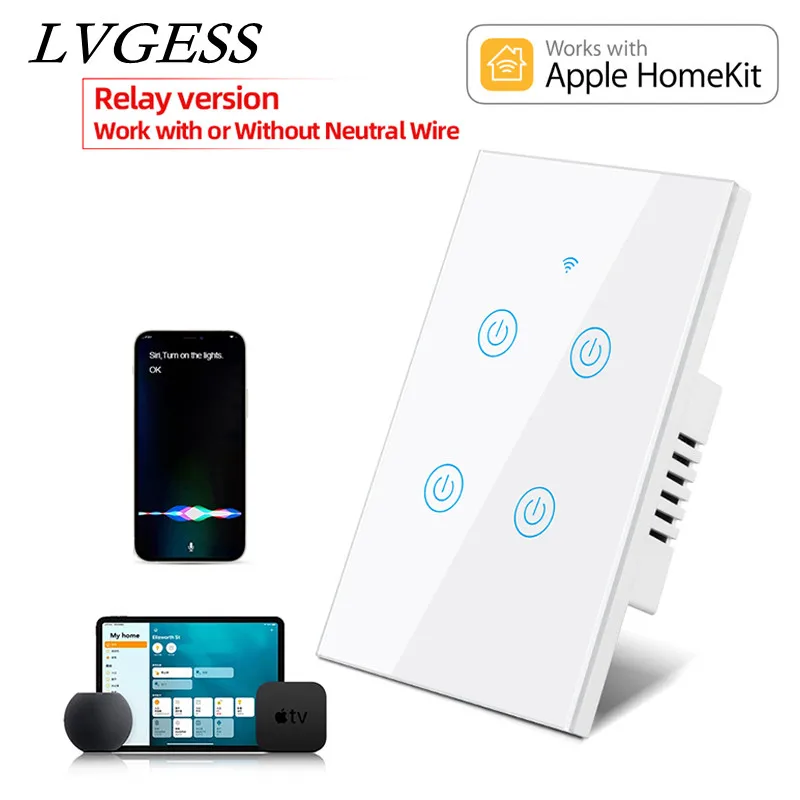 

Homekit WiFi Smart Touch key Switch Siri Control 1/2/3/4 Gang No Neutral and Neutral Needed Dual Mode