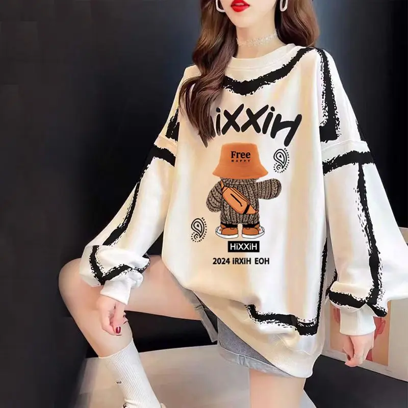 2024 New Long Sleeve Sweatshirts Autumn Winter Loose All-match Mid Length Top Female Casual Letter Cartoon Top Tee Women Clothes