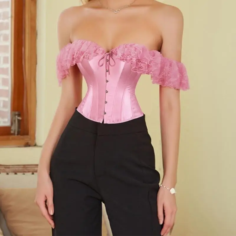 

72XE French Styles Waspie Victorian Lace Sleeves Crop Top Overbust Laceup Tied Corset