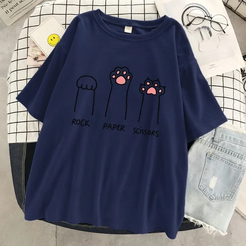 Rock Paper Scissors Funny Cat Print T Shirt Women Summer Soft Oversized Tops Fashion Casual Short Sleeve Street Cotton Tshirt