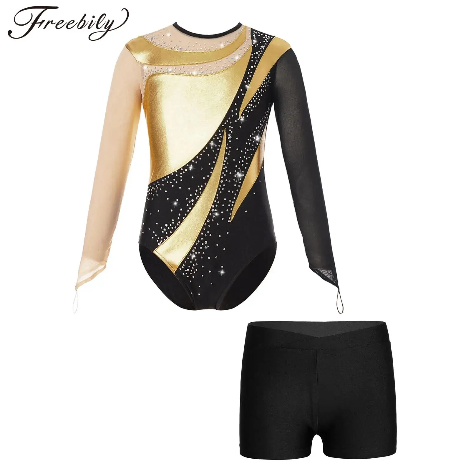 Body da ginnastica per bambina con pantaloncini Set abiti da ballo di balletto Shiny Sparkle Figure costumi da pattinaggio su ghiaccio Dancewear