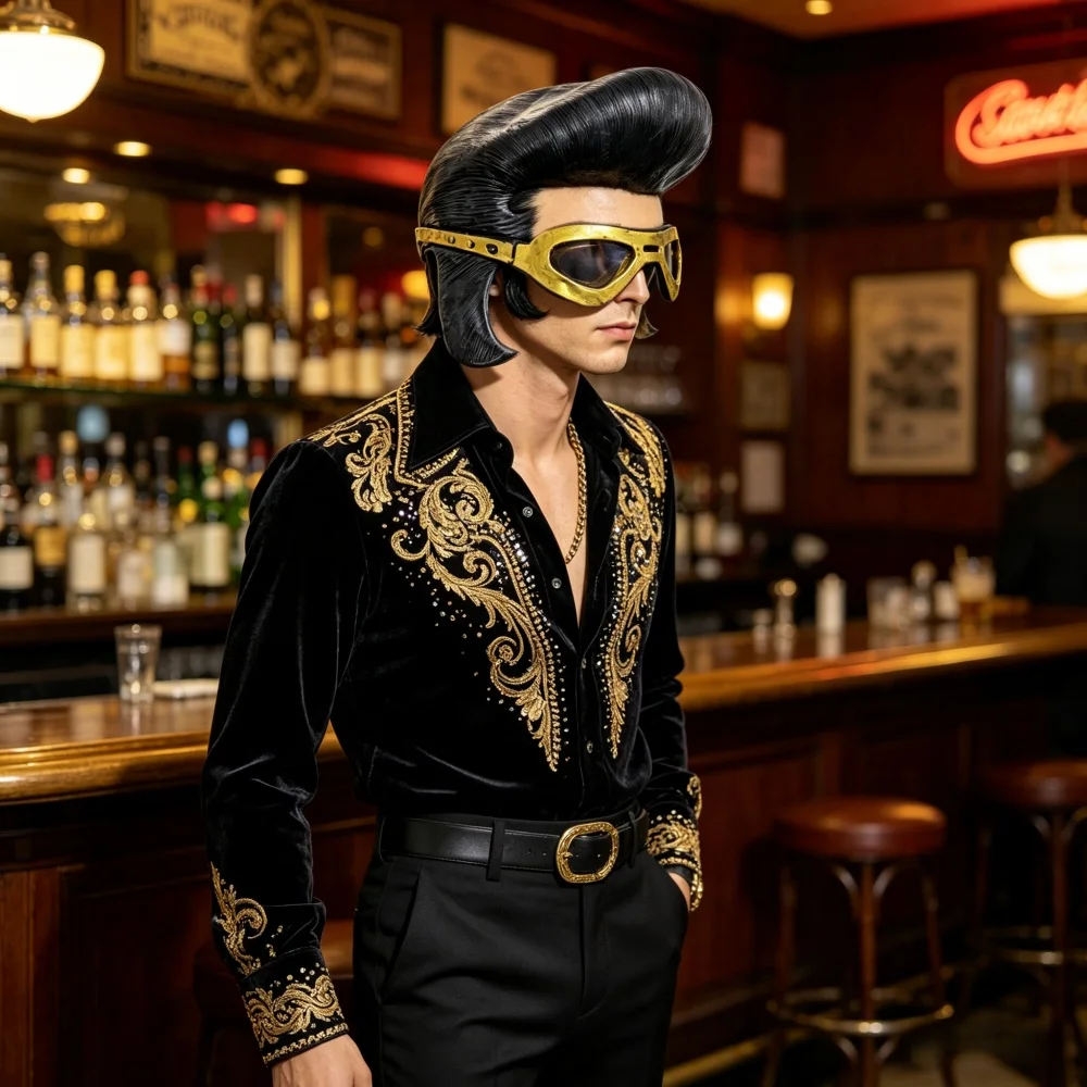 Vintage Rock Style Wig Mask with Gold Goggles Black Pompadour Headwear for Party Costume For Man
