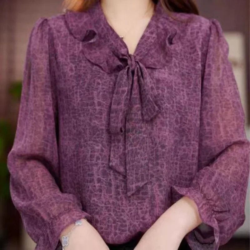 

Spring and Autumn Tops Fashionable and Stylish Bow-knot Printed Shirts Elegant Women's Long-sleeved Chiffon Shirts