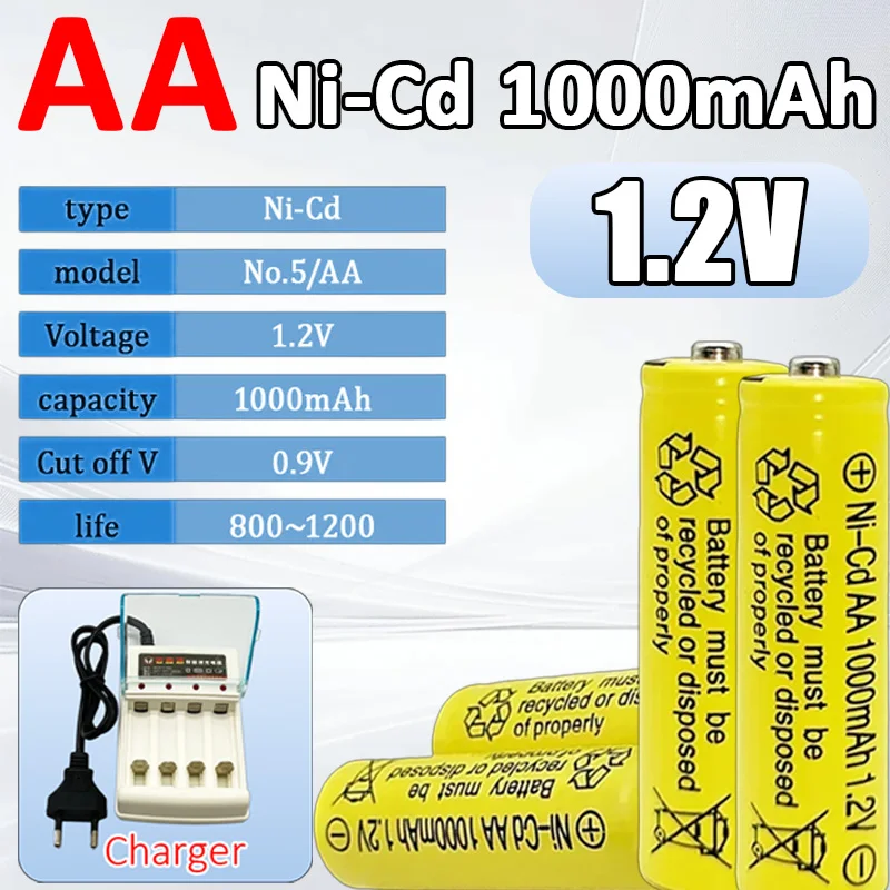 

High Capacity 1.2V 1000mAh AA Ni-CD Rechargeable Batteries with Charger Power for Remote Controls, Electric Toys, Clocks, Mice