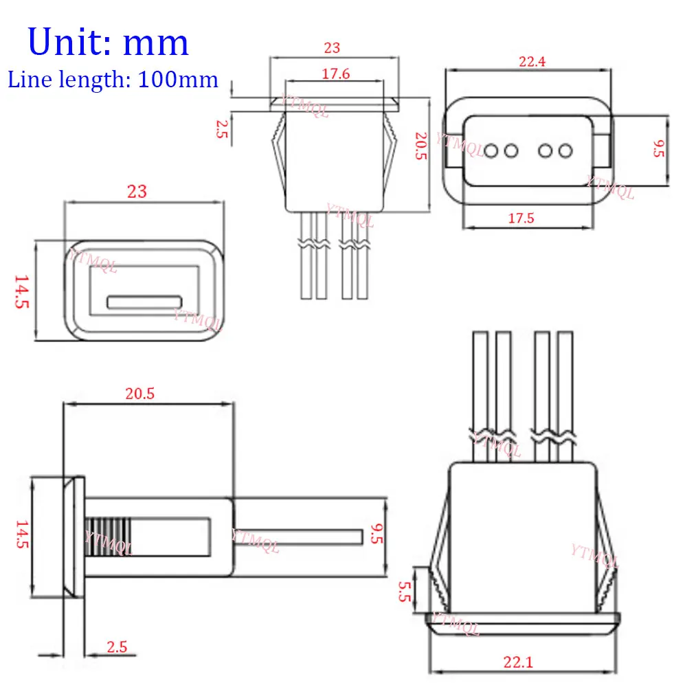 1Pcs USB 2.0 Female Power Jack USB2.0 4Pin Charging Port Connector With PH2.0 Cable Electric Terminals 4 wire USB Charger Socket