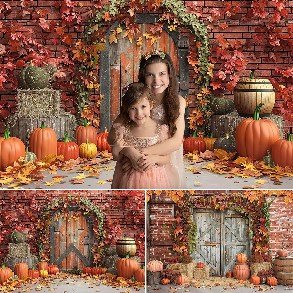 

Fall Backdrop Leaves Pumpkin Wooden Door Autumn Red Brick Wall Garland Hay Bales Lantern Decor Background Photo Studio Photocall