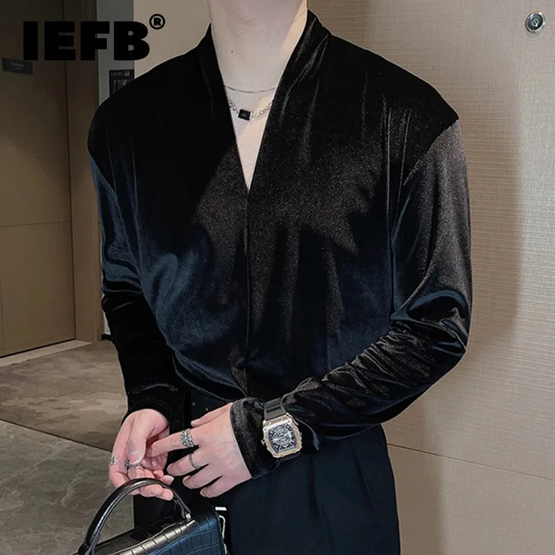 IEFB Velour Men\'s T-shirt Vintage V-neck Solid Color Loose Male Long Sleeve Tops Casual Men Wear Spring New Fashion 2024 9C4842