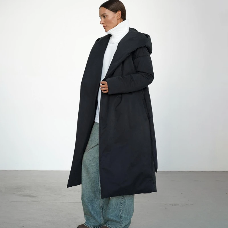 TARUXY Fashion Long Hooded Cotton Jacket Women's Casual Solid High Street Belt Pocket Warm Cotton Down Coat Winter Commuter Coat