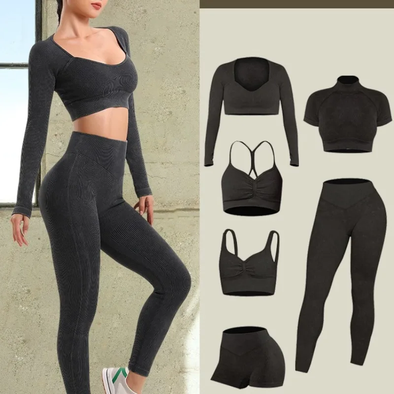 Seamless Yoga Wear Set Female Thread Fitness Wear Yoga Top Bra Fitness Yoga Pants Long Sleeve Sports Training Shorts