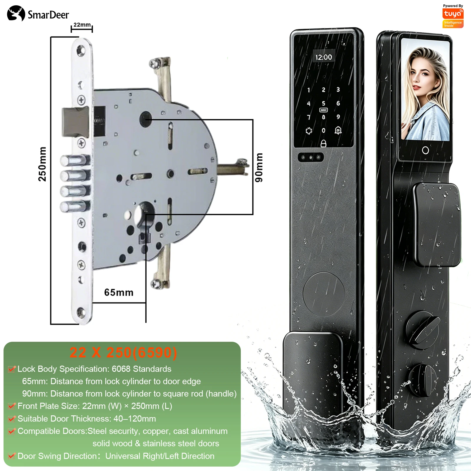 SmarDeer Keyless Smart Lock IP66 Waterdicht 3D Gezichts- & Palmaderherkenning Tuya App Afstandsbediening Videogesprek Voordeurbeveiliging