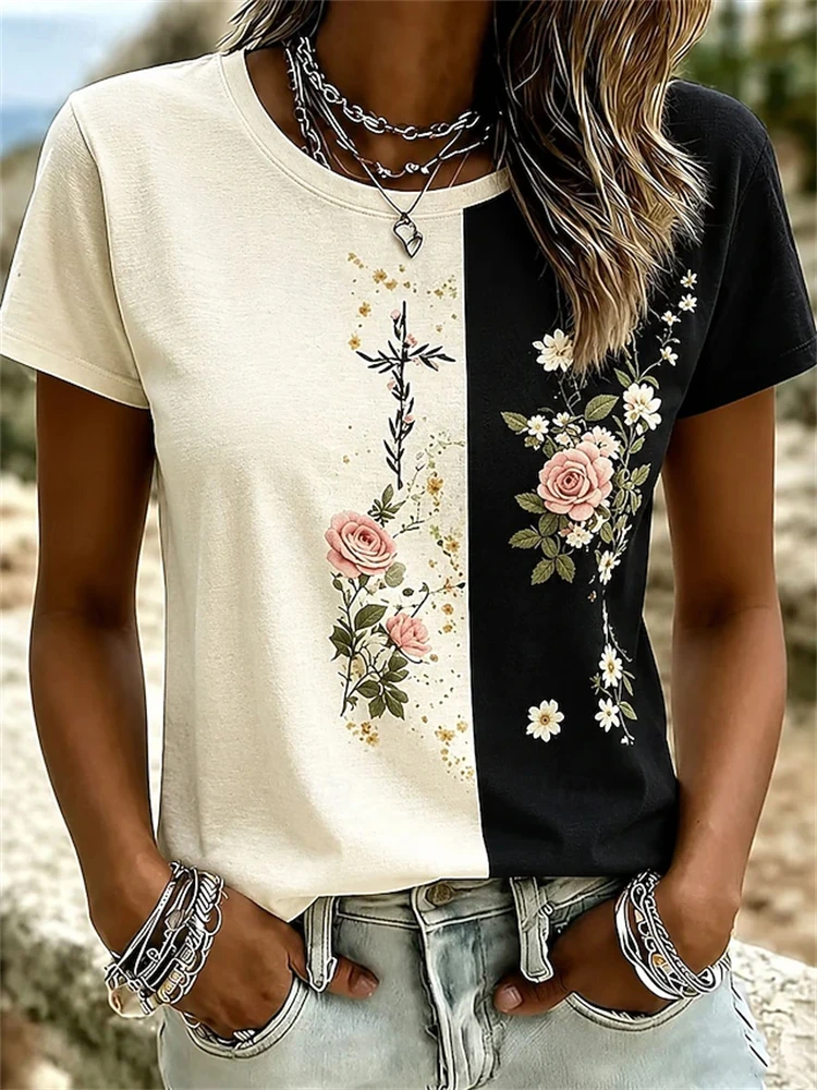 Women's Round-Neck Short-Sleeve T-Shirt Black-and-White Block-Print Top with Pink Rose Print Stylish Women's Short-Sleeve Top