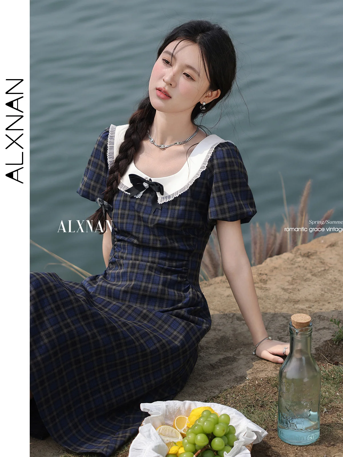 

ALXNAN Women's Plaid Dress Long Vintage Elegant Sweet Dress 2025 Summer Holiday Party A-line Midi Casual Ladies Clothing L55368