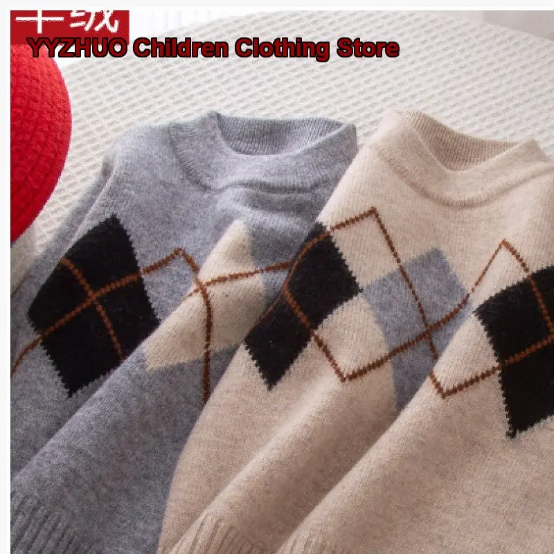 Boys Turtleneck Sweater Kids Autumn Winter Pure Goat Wool Solid Color Warm Knit Shirt Round Neck Older Kids