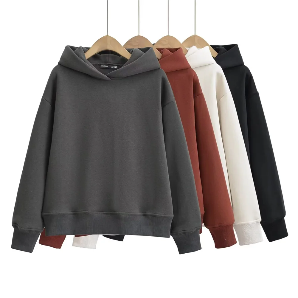 PB&ZA 2024 Early Autumn New Women\'s Fashion Solid Color All-match Casual Loose Hooded Long-sleeved Sweatshirt