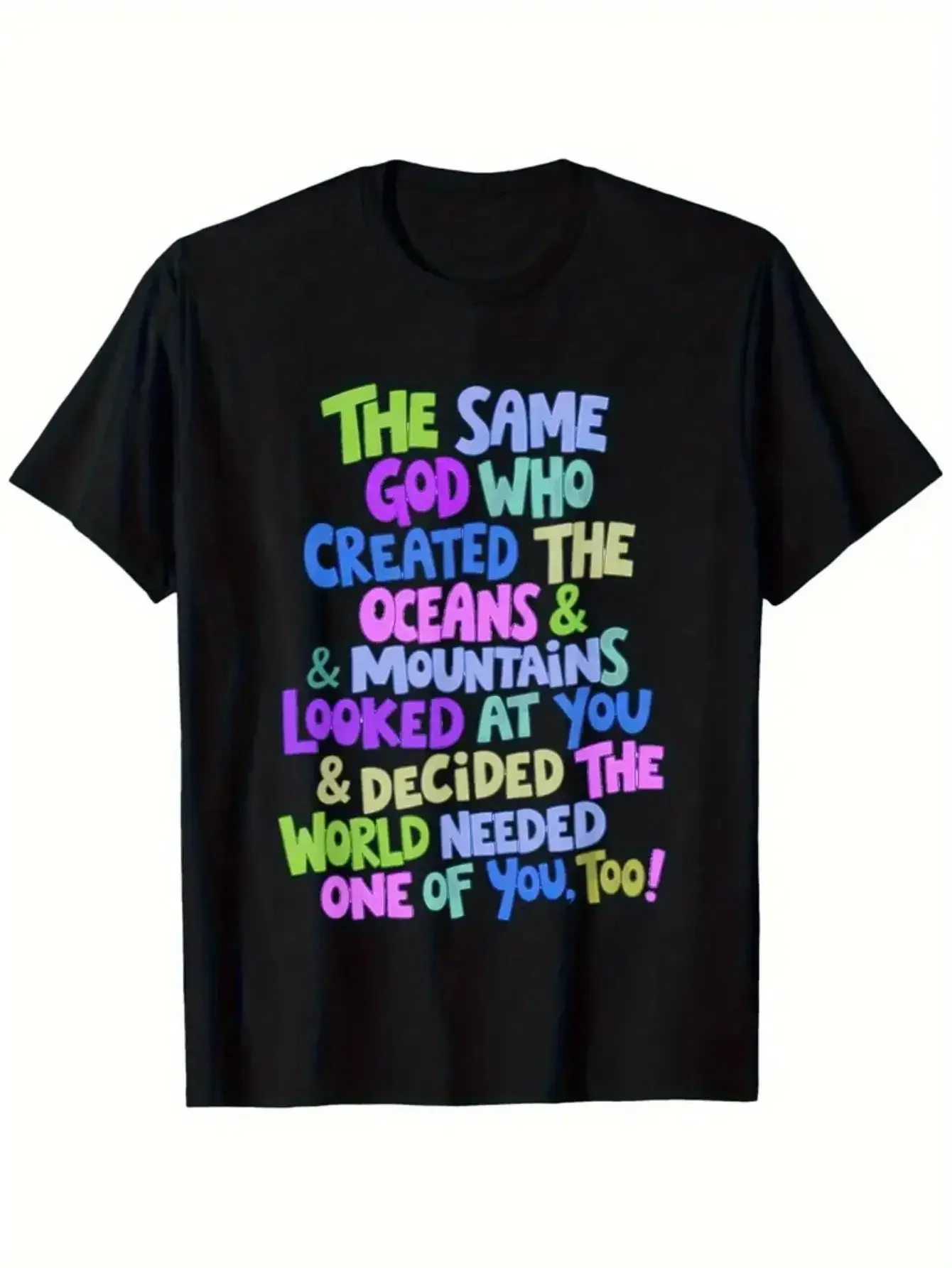 Black Cotton Religious Unisex Tee - 180g 0XL-6XL Ocean Mountain Quote, Breathable Crew Neck Church Apparel Spiritual Faith Gift, PLUS SIZE