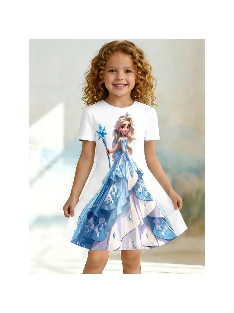 Mädchen-T-Shirt-Kleid mit Eisprinzessinnen-Aufdruck, blau-weißes Märchen-Kinderparty-Freizeitkleid, geeignet für Geburtstagsgeschenke