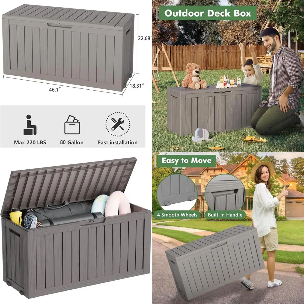 

Gray 80 Gallon Weatherproof Outdoor Storage Box with Lockable Lid