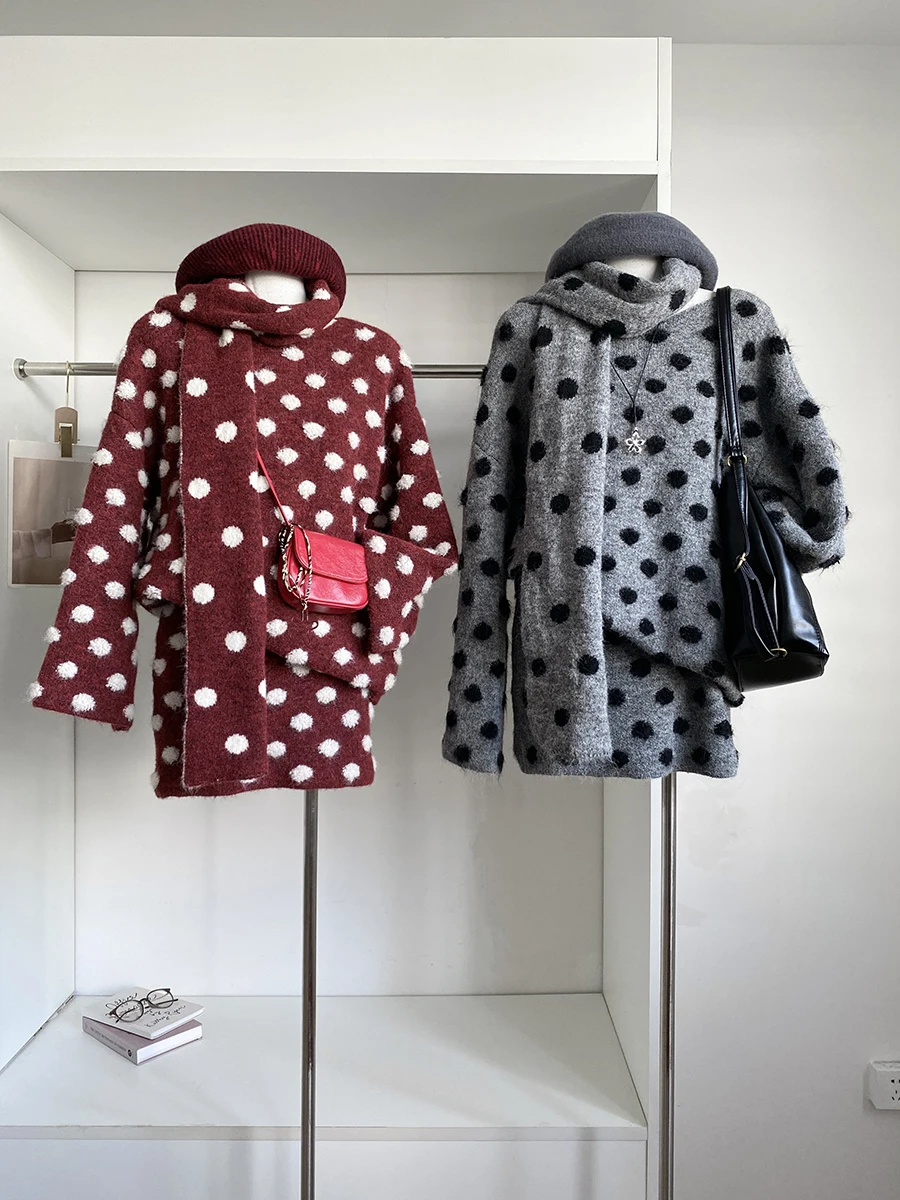 

Комплект: Свитер в горошек для похудения и юбка, модный корейский стиль, осенняя коллекция, тема «Нежный ветер», шарф в комплекте