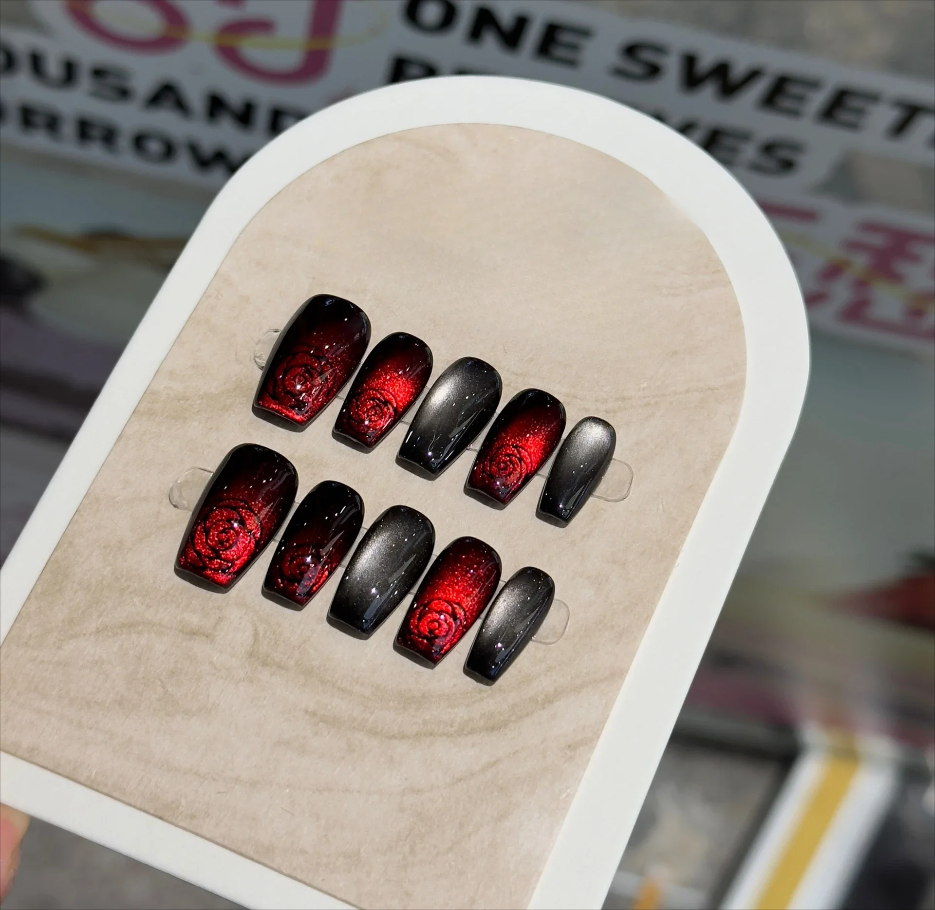 

10Pcs Handmade Press on Nails Red Rose Planet Design Full Cover Shiny Cat Eye Spice Girl French Square Ballet Acrylic Fake Nail