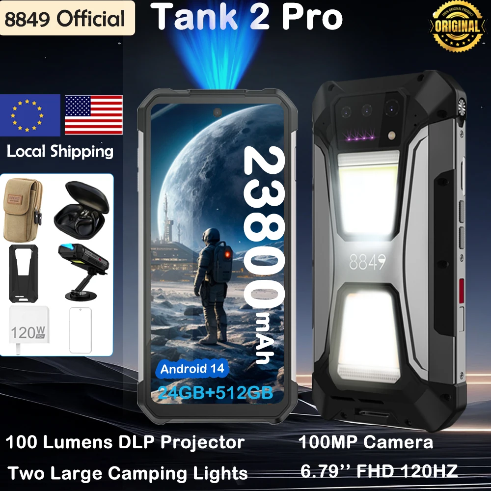 8849 Tank 2 PRO Rugged Smartphone With Projector 100 Lumens Android14 23800mAh 100MP Camera 512GB 120W 2.4K 120HZ Dual Sim