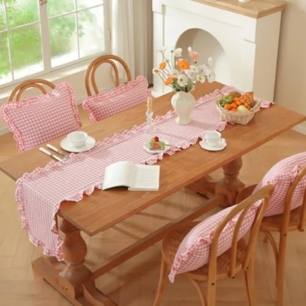 Washed Cotton Table Runner Gingham Check Ruffle Edge Runner Washed Cotton Ruffle Soft Rectangular French Vintage Gingham Table