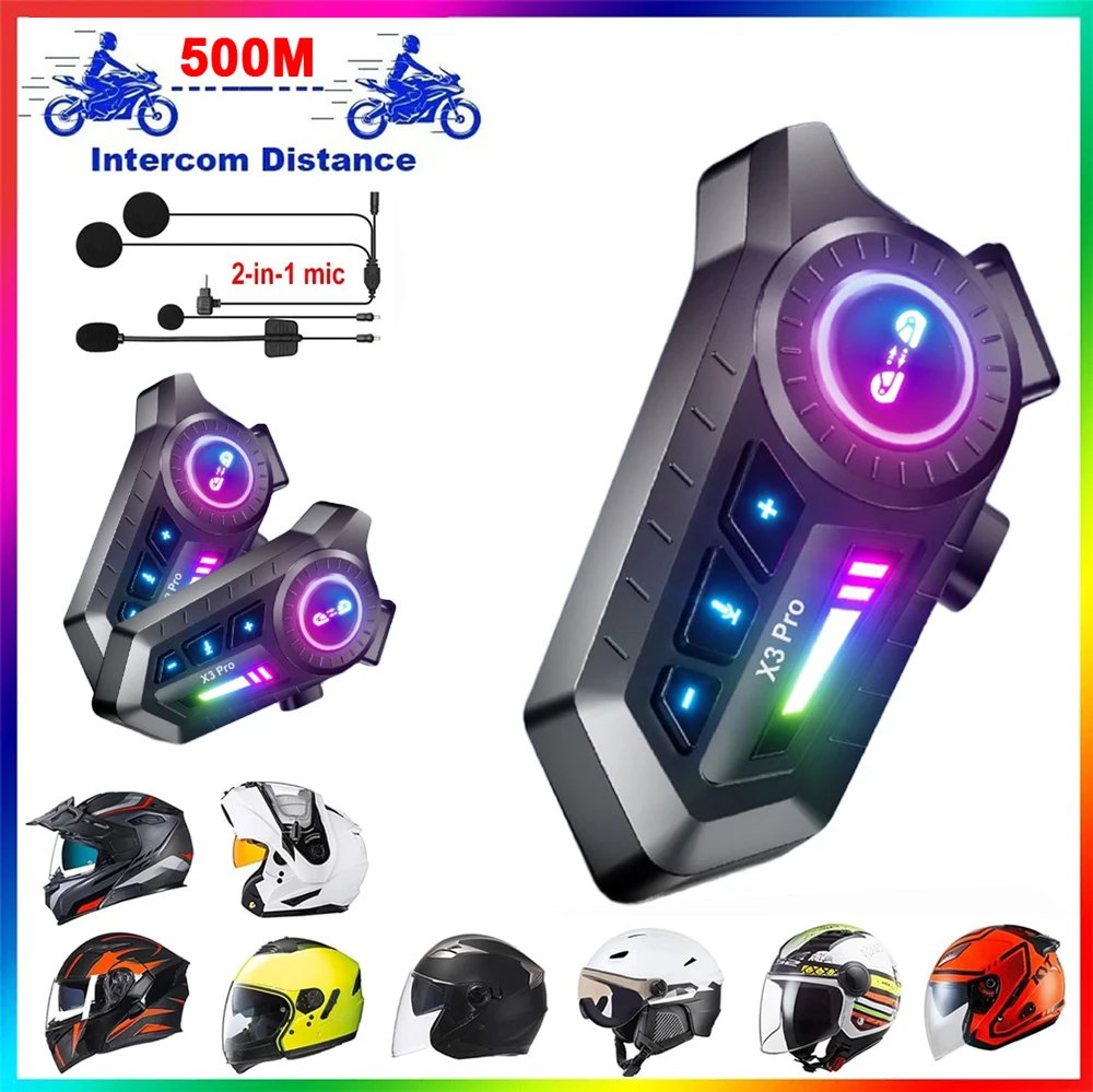 1/2pcs X3 Pro Bluetooth 6.0 Motorcycle Helmet Intercom 500M Wireless Interphone Intercomunicador 1000Mah Moto Walkie Talkie