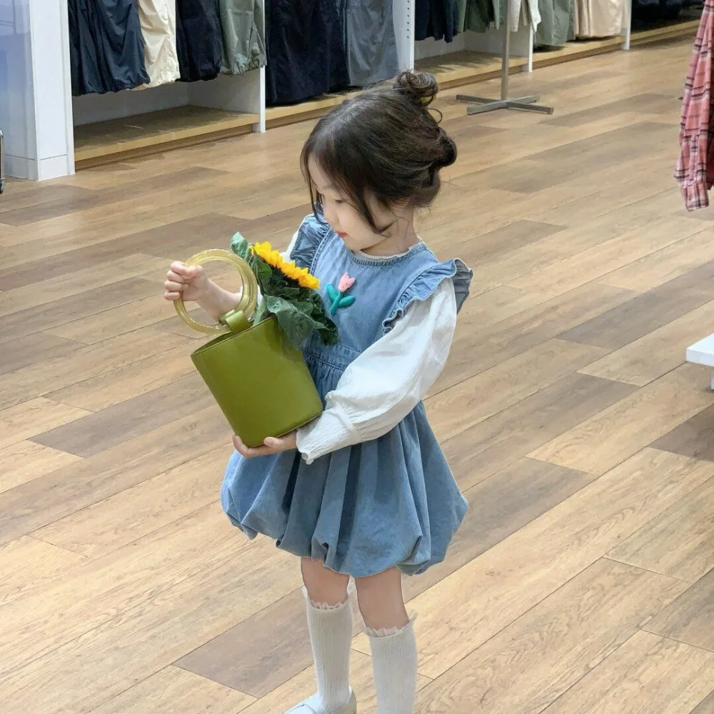 

Girls Dress Korea Style 2024 Spring New Solid Color Denim Sleeveless Sundress Ruffle Shirts Lace Baby Kids Spring Clothes