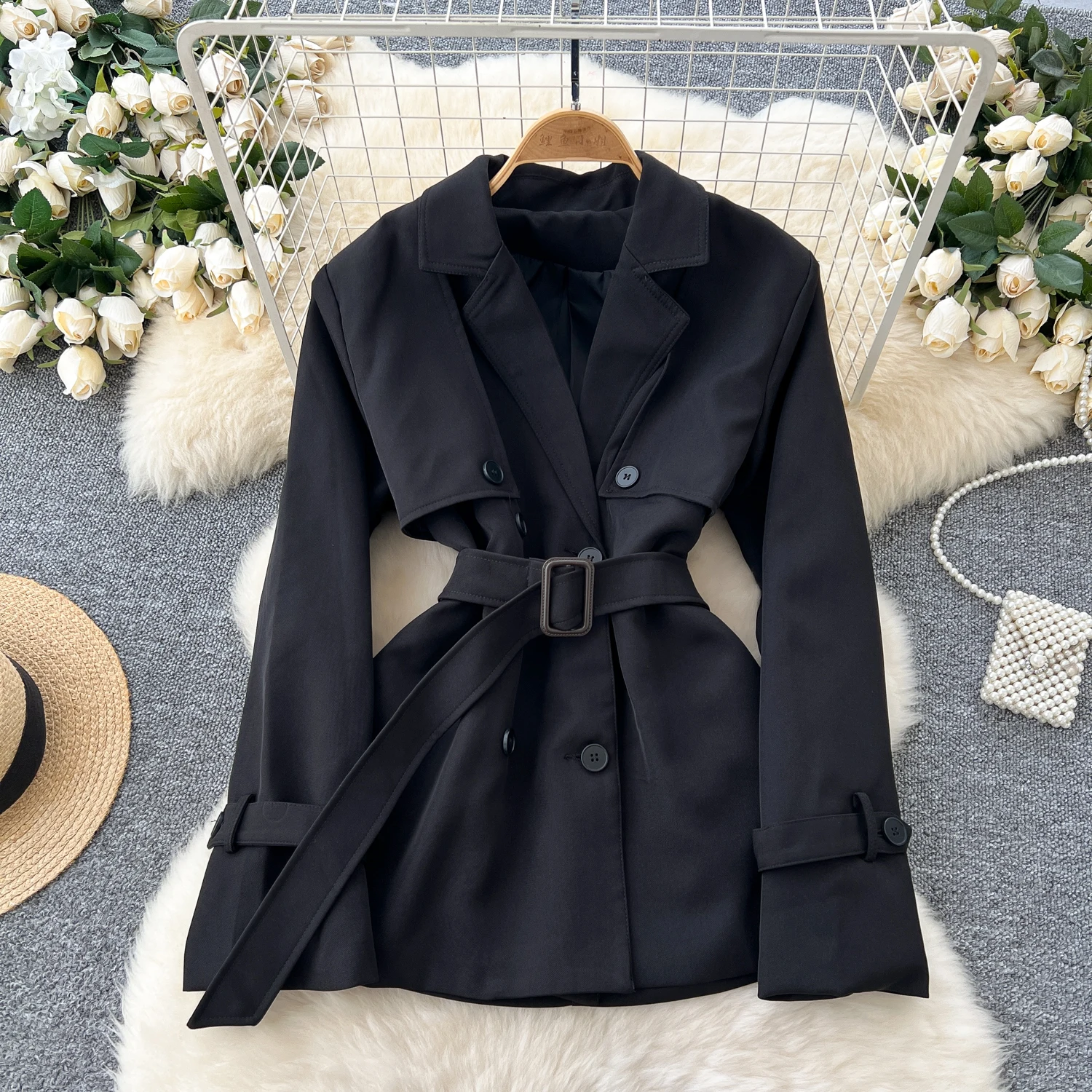 Vintage Notched Neck Chic Double Breasted Long Sleeve Slim Sashes Top Korean Fashion Women Streetwear High Street Autumn Trench