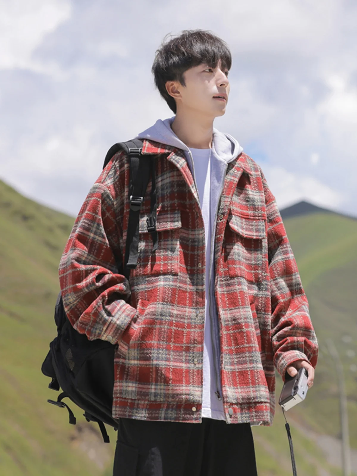 

American Sle Plaid Jaet for Men Spring Autumn Youth Faion High Waist Trousers Loose Fit Workwear Coat with kets